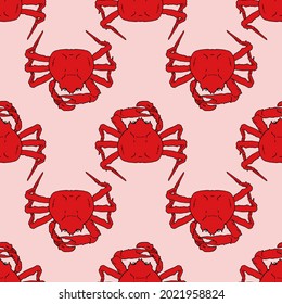 Vector seamless pattern of red crab. a pattern of a sea animal of a whole crab drawn in a sketch style, a top view of red color arranged in different directions on a pink background for a design