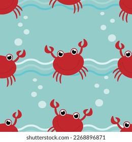 Vector seamless pattern with red crabs characters and sea waves and air bubbles in cartoon style