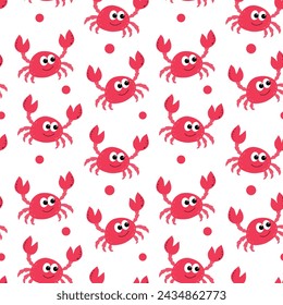 Vector seamless pattern with red crabs on white background. Suitable for baby prints, nursery decor, wallpaper, wrapping paper