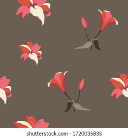Vector seamless pattern with red and cream lilies. Brown background