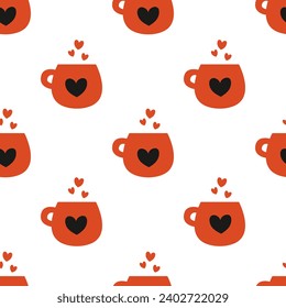 Vector seamless pattern with red cups and black hearts for Valentine’s Day 