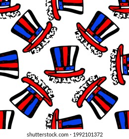 Vector seamless pattern of a red cylinder with white stripes and a blue stripe, with tinsel on the bottom or a hair wig. hand-drawn doodle style insulated high clown hat in red with white stripes