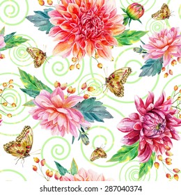 Vector seamless pattern with red dahlia. Cute style. Pink watercolor flowers, leaves and butterflies on white background and abstract swirls.