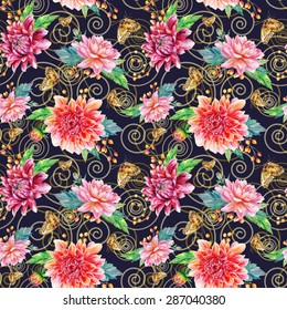 Vector seamless pattern with red dahlia. Baroque style. Pink watercolor flowers, leaves and butterflies on dark blue background and abstract swirls.