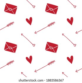 Vector seamless pattern of red Valentine’s Day hearts arrows and letters isolated on white background