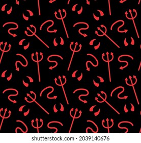 Vector seamless pattern of red devil horns tail and trident isolated on black background