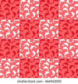 Vector seamless pattern with red dolphin