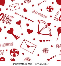 Vector seamless pattern with red doodles to Valentine's day on white background. Seamless pattern with arrows of Cupid. Vector illustration.