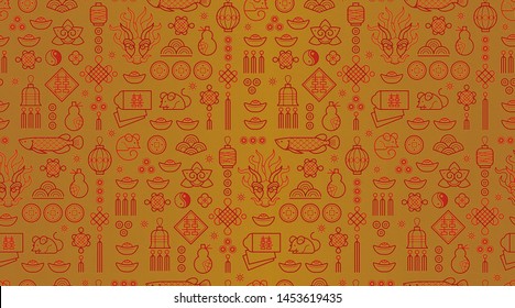 Vector seamless pattern with red elements of Chinese style icon design on gold background. Rat zodiac sign, symbol of 2020 on the Chinese calendar. White Metal Rat, chine lucky.