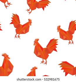 Vector seamless pattern with Red Fire in low poly style. Happy New Year 2017 background. Chinese Symbol Rooster. 
