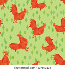 Vector seamless pattern with Red Fire in low poly style. Happy New Year 2017 background. Chinese Symbol Rooster. 