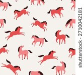 Vector seamless pattern with red flat horse silhouette isolated on light beige background. Funny chinese symbol new year repeat fabric design. Stylish illustrated horses. 