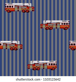 Vector seamless pattern with red flat firetrucks