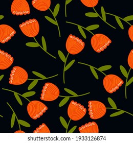 Vector seamless pattern with red flowers on a black background