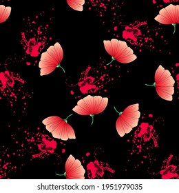 Patrón vectorial sin fisuras con flores rojas sobre un fondo negro. Uso en tela, papel de envoltura, papel pintado, bolsas, ropa, platos, estuches en smartphones y tablets.