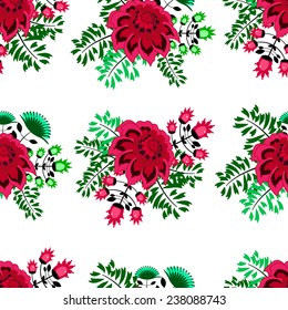 Vector seamless pattern with red flowers and branches bouquet .Bright elegant endless illustration for textiles, interior design, for book design, website background.
