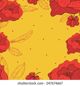 Vector seamless pattern with red flowers and feathers.