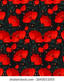 Vector seamless pattern with red flowers in folk art style on black background. Decorative texture with poppies for textile design, wallpaper, gift wrap, digital backgrounds. 