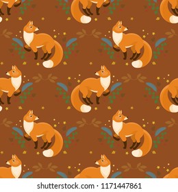 Vector seamless pattern with red fox