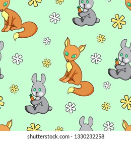 vector seamless pattern with red fox and grey rabbit on green and orange background for children 