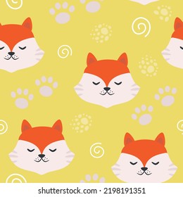 Vector seamless pattern with red fox in cartoon style