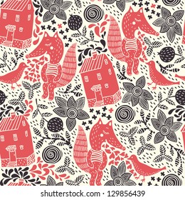 vector seamless pattern with red foxes and birds