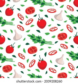 Vector seamless pattern : red fresh ripe tomatoes whole and sliced, green basil, garlic . Flat design with vegetables,  ingredients for cooking. Textile, wall decor, wrapping paper.