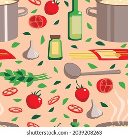 Vector seamless pattern : red fresh ripe tomatoes, green basil, garlic, pot with clear soup, olive oil, spoon, pasta on beige background. Flat design with vegetables,  ingredients for cooking. 