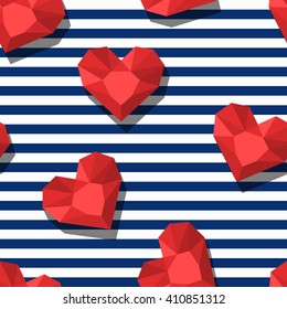 Vector Seamless Pattern With Red Gem Stones In Heart Shape And Blue Stripes. 3d Stylized Hearts And Diamonds. Abstract Background. Design For Fashion Textile Print, Wrapping Paper, Web Background.