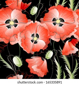 Vector seamless pattern with red gentle poppy flowers on the black background