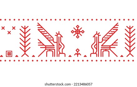 Vector seamless pattern with red geometric symbol of birds, trees, sun, berries. Ornithomorphic shape is ornamental native element of Finnish people. Decorative icon for traditional folk embroider