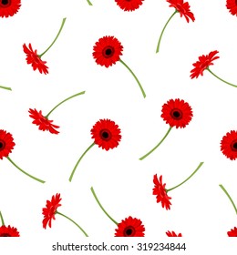 Vector seamless pattern with red gerbera flowers on a white background.