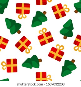 Vector seamless pattern with red gifts with bows and green christmas trees. Gift wrap. Happy new year 2020