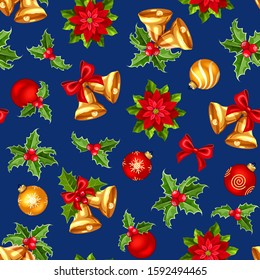 Vector seamless pattern with red and gold Christmas balls, bells, holly and poinsettia on a dark blue background.