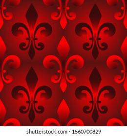 Vector seamless pattern with red gradient french lily. Vector seamless pattern for Mardi Gras with french lily. Mardi Gra pattern. Vector design of tile, carpet, tablecloth fabric, cushion.