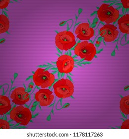 Vector seamless pattern in red, green and violet colors. Beautiful watercolor poppy flowers, bright painting inspired floral print.