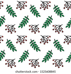 Vector seamless pattern of red and green  Christmas winter rowan berry floral leaves and branches isolated on white background