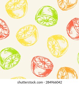 Vector seamless pattern with red, green, orange, yellow lemons; bright summer citrus background