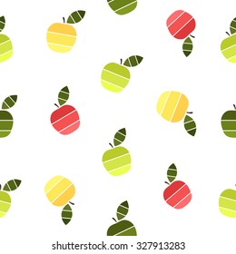 Vector seamless pattern with red, green and yellow apples and green leaves on a white background. Abstract fruit illustration. 