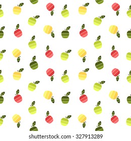 Vector seamless pattern with red, green and yellow apples and green leaves on a white background. Abstract fruit illustration. 