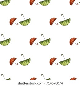 Vector seamless pattern with red and green hand drawn umbrellas