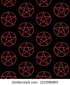 Vector seamless pattern of red hand drawn doodle sketch pentagram isolated on black background