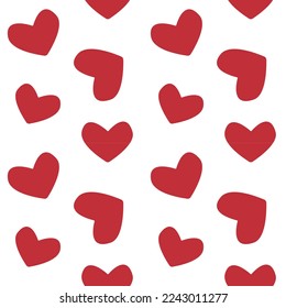 Vector seamless pattern of red hand drawn flat hearts isolated on white background