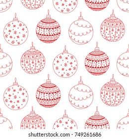 Vector seamless pattern of red hand drawn Christmas tree ball. Christmas background