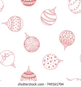 Vector seamless pattern of red hand drawn Christmas tree ball. Christmas background
