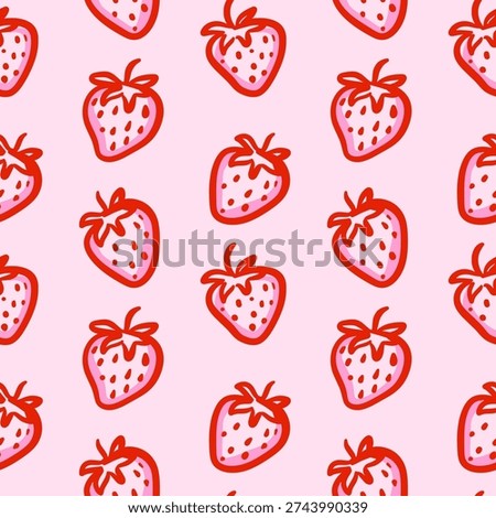 Vector seamless pattern of red hand-drawn strawberry doodles on pink background. Minimalist summer berry print in naive, cute style.