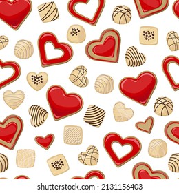 Vector seamless pattern. Red heart shaped cookies and white chocolate candies.

