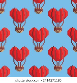 Patrón vectorial sin fisuras con globos en forma de corazón rojo en el cielo. Estilo de arte de la Pixel