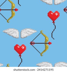 Vector seamless pattern with red heart shaped balloons in the sky. Pixel art style