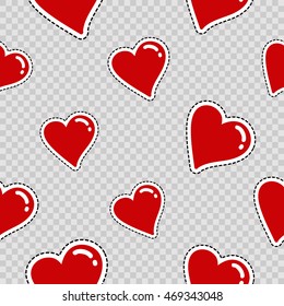Vector seamless pattern with red heart. Hand drawn cute and funny fashion illustration patches or stickers kit. Modern doodle pop art sketch badges and pins